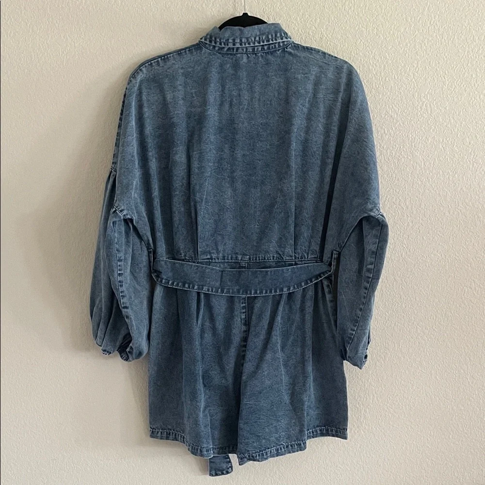 Women Denim Button-Up Ballon Sleeve Romper w/ Belt XL Causal Cotton Contemporary